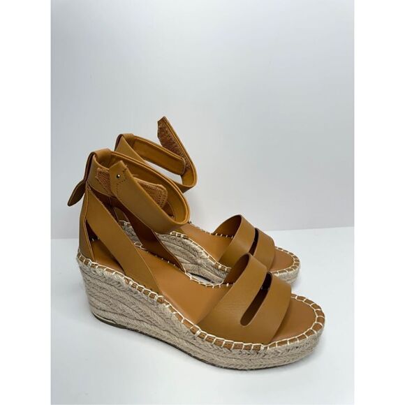 Franco Sarto Leather Sandals Womens‎ Size 9.5 Brown Wedges Open Toe Ankle Strap - Picture 3 of 10
